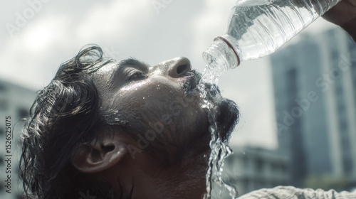 A young Indian man refreshes himself by pouring water over his face to combat the scorching summer heat. The urban landscape serves as a backdrop on a sunny day