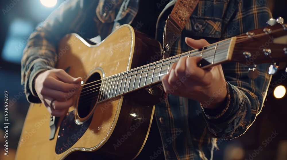 Obraz premium A person playing an acoustic guitar in a dimly lit, intimate setting with a blurred background.