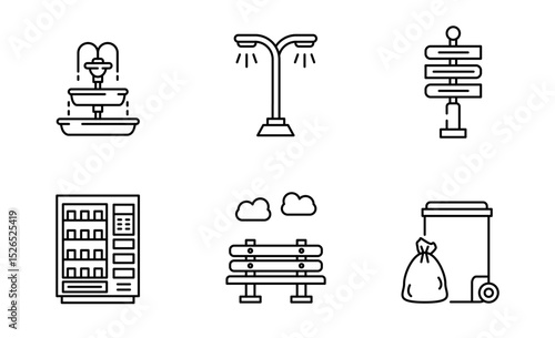 Set of City Elements or City park icon, Fountain, Street light, Sign, Vending machine, Bench, trash can Symbol Outline icon, Editable Stroke