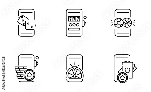 Set of Online Gambling icon, Fortune Wheel, Poker Chips, Slot Machine Symbol Outline icon, Editable Stroke