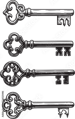 Engraved old skeleton key vintage ornate handle locksmith antique detailed bold traditional woodcut illustration