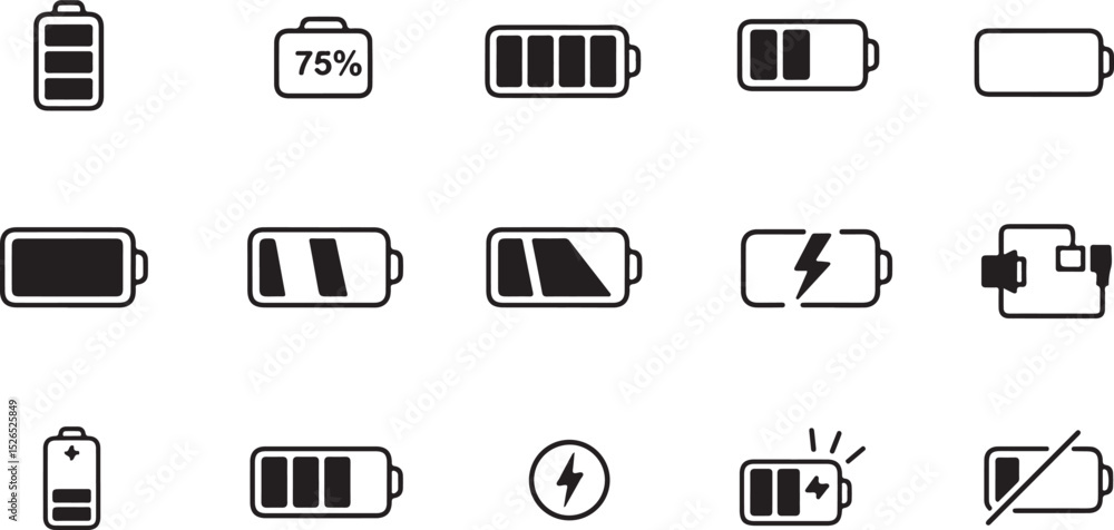 Batteries & energy levels — full, 75%, half, 25%, empty, charging, overcharge, battery with lightning, battery with alert, battery with slash. Batteries & energy levels — full, 75%, half, 25%, empty, charging, overcharge, battery with lightning, battery with alert, battery with slash.