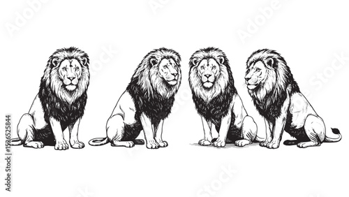 Engraved lion sitting proud mane spread majestic king posture vintage bold wild engraving illustration