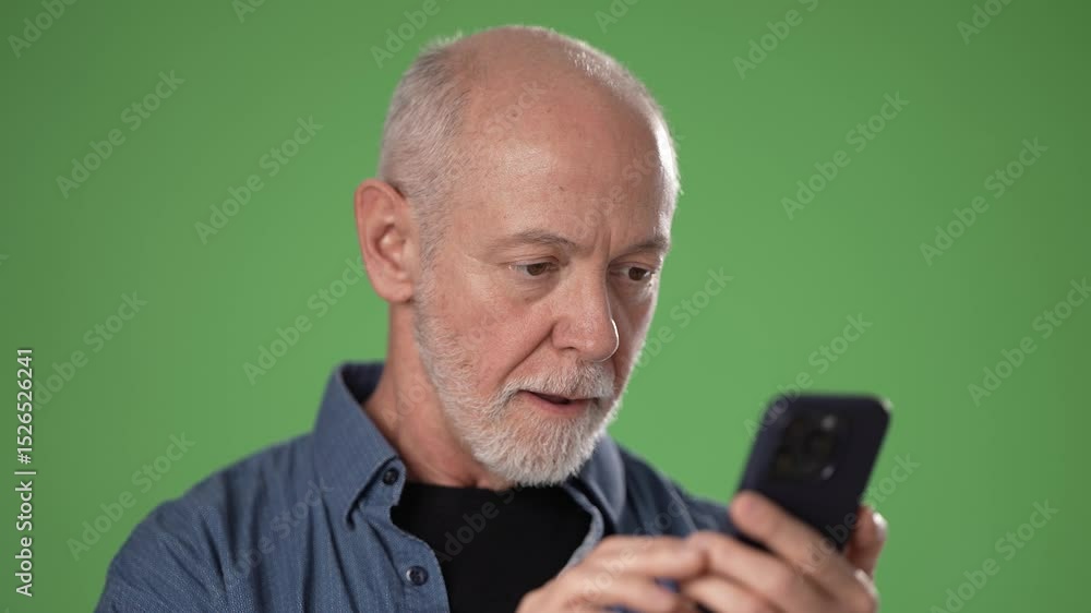 A mature man displays a cheerful expression while giving a thumbs up and holding a smartphone. The background features a bright green screen for versatility. A mature man displays a cheerful expression while giving a thumbs up and holding a smartphone. The background features a bright green screen for versatility.