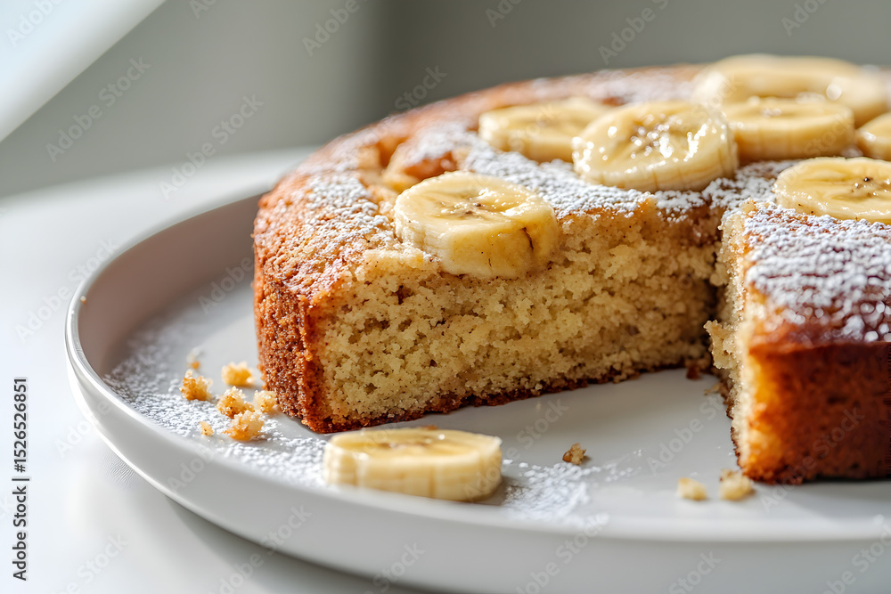 A close-up side view of banana cake with a bite taken, a few crumbs on the plate clean.
A close-up side view of banana cake with a bite taken, a few crumbs on the plate clean.