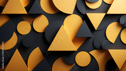 Geometric abstract background with overlapping triangles and circles in metallic gold