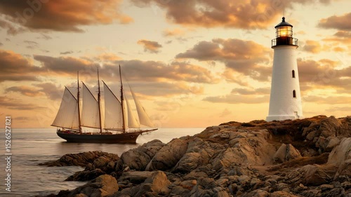 Wallpaper Mural Majestic Lighthouse at Sunset with Sailboat on Calm Waters and Rocky Shoreline Torontodigital.ca
