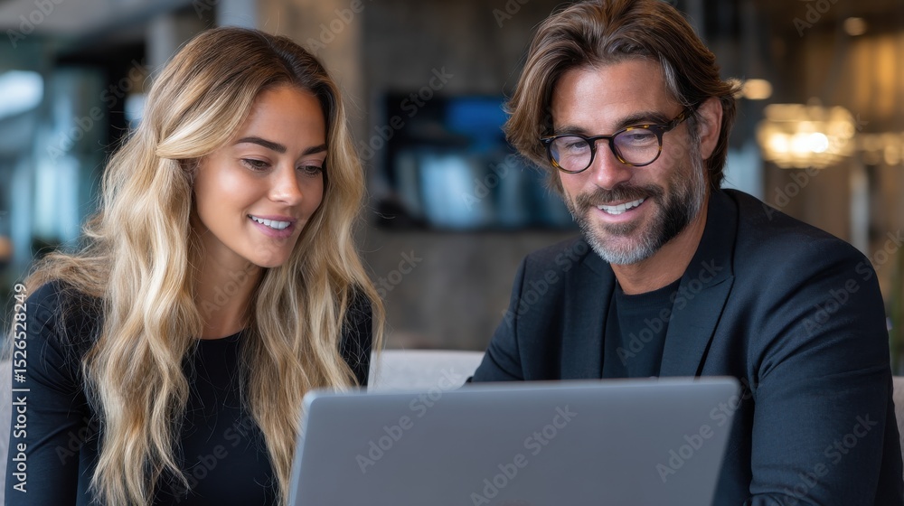 A man and a woman are looking at a laptop together A man and a woman are looking at a laptop together