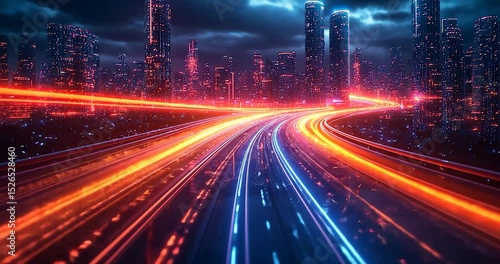 Abstract city landscape scene of a car in a futuristic urban setting with orange and blue color schemes