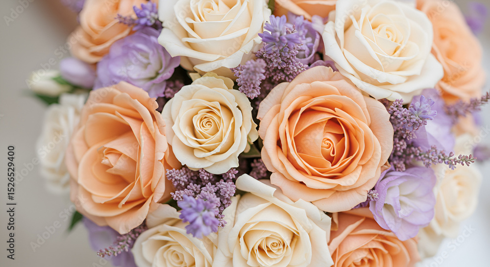 Bouquet of peach and cream roses with lavender Bouquet of peach and cream roses with lavender