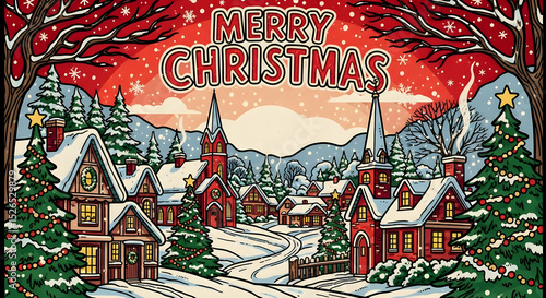 Charming Winter Village Scene With Christmas Trees And Snowfall Backdrop