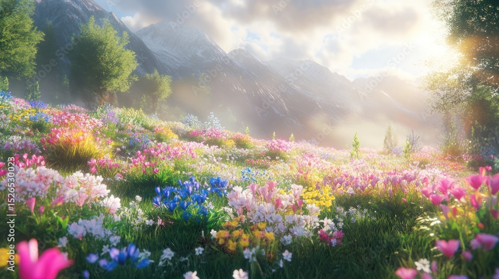 Obraz premium Vibrant Wildflower Meadow with Blooming Flowers in Bright Sunlight Surrounded by Green Trees and Mountain Misty Background on a Beautiful Sp Day