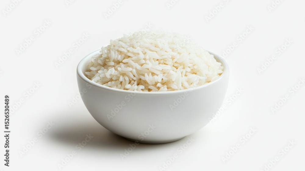 Plain white ceramic bowl filled with fluffy cooked white rice isolated on a clean white background for culinary, food, or nutrition content Plain white ceramic bowl filled with fluffy cooked white rice isolated on a clean white background for culinary, food, or nutrition content