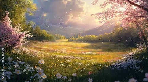 Serene sptime landscape with lush green fields vibrant colorful flowe trees and majestic mountains under a partly cloudy sky du sunset
