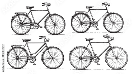Engraved vintage bicycle side view spoked wheels curved handlebars retro transport bold classic style