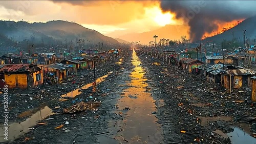 Devastations aftermath Destroyed village amid smoky hills