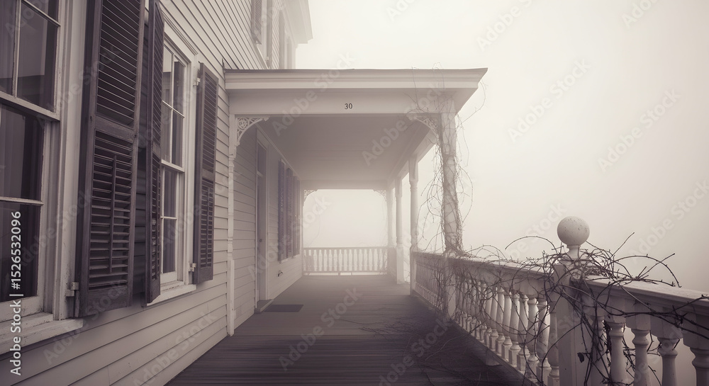 Obraz premium Eerie Vintage House Porch Disappearing Into Thick Fog And Hanging Ivy