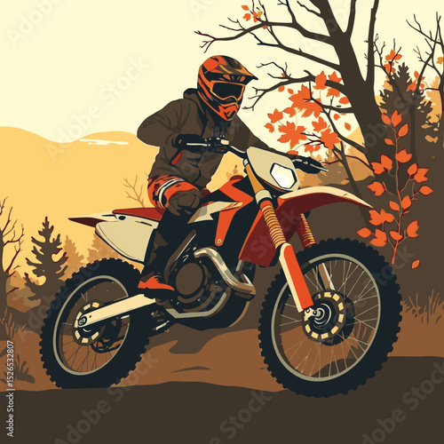 A super detailed modern flat design vector art illustration of a motocross rider viewed from a high angle