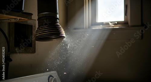 Sunlight Filtering Through Dust Particles Revealing Laundry Room Interior