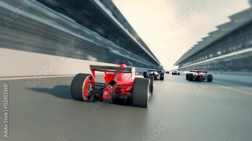 Thrilling Formula 1 race in motion. Racing cars speed down the track, blurring background in dynamic display. Excitement of competition. Motorsport and adrenaline-fueled action.