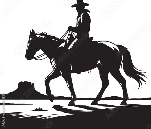 Cowboy on Horse Silhouette – Western Rider in Motion Vector Illustration