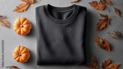 Folded sleeves dark anthracite sweatshirt mockup, laying flat with smooth wrinkle-free fabric, realistic cotton texture, central front view, 2-3 small pumpkins and autumn leaves arranged around the sh