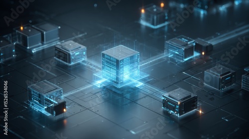 futuristic in-memory database architecture, central primary server glowing brightly, two smaller replica backup nodes flanking symmetrically, data flowing outward from the primary to the replicas, hig