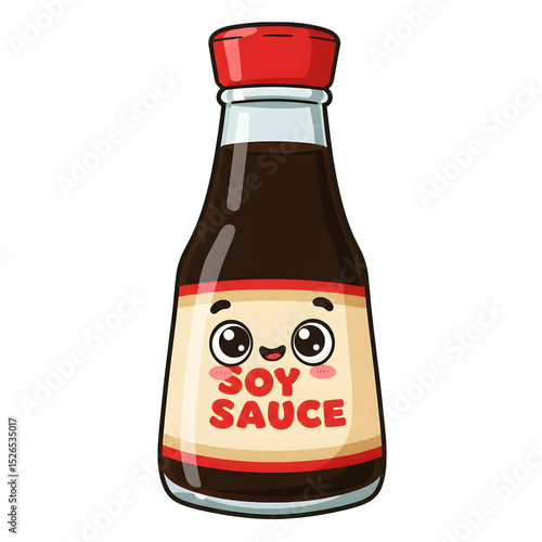 A cute cartoon bottle of soy sauce with a red cap and happy face adds fun to cooking and dining images.