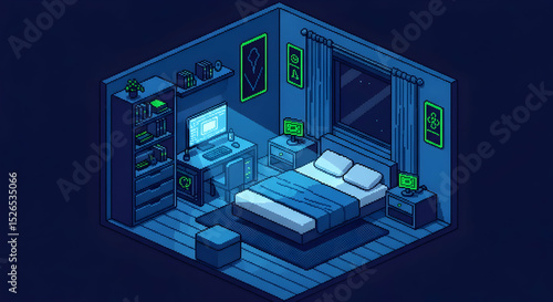 Pixelated Gamer Haven Isometric Bedroom Design At Night Time