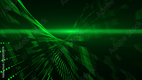 Green digital data flow particles cyber technology futuristic background, glowing white color digital optical light rays background