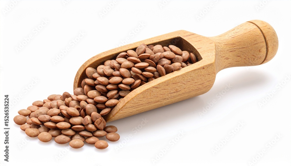 Fototapeta premium Oval-shaped brown lentils in a wooden scoop isolated against a white background