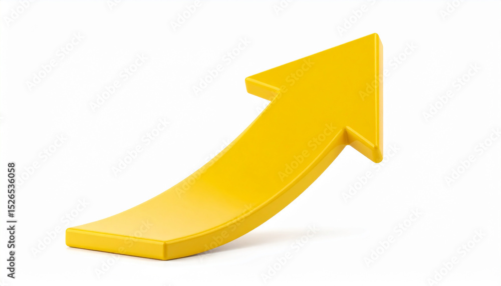Yellow glossy arrow pointing upwards isolated on white background. Direction guide. Yellow glossy arrow pointing upwards isolated on white background. Direction guide.