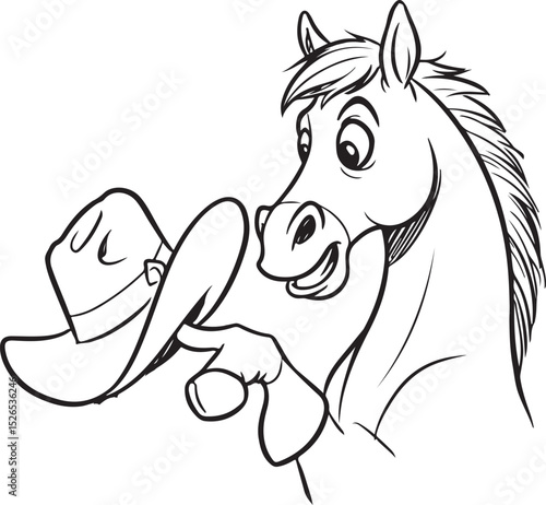 A black and white cartoon sketch of a horse tipping a cowboy hat, bold