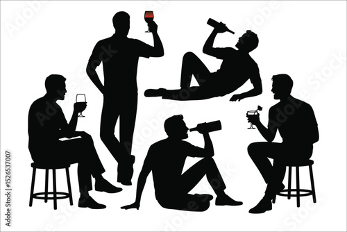 Vector set of silhouette of group of friends drinking alcohol isolated on white background