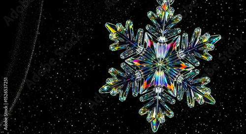 Iridescent Crystal Snowflake Floating Against Starry Black Sky Backdrop