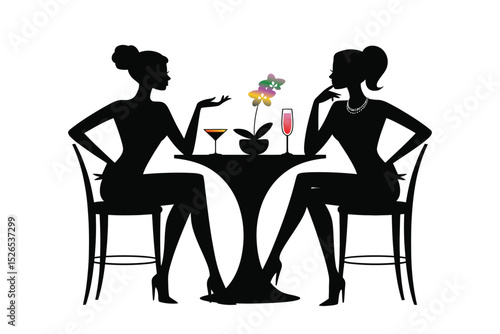 vector silhouette of people at a table drinking and talking, friendship concept
