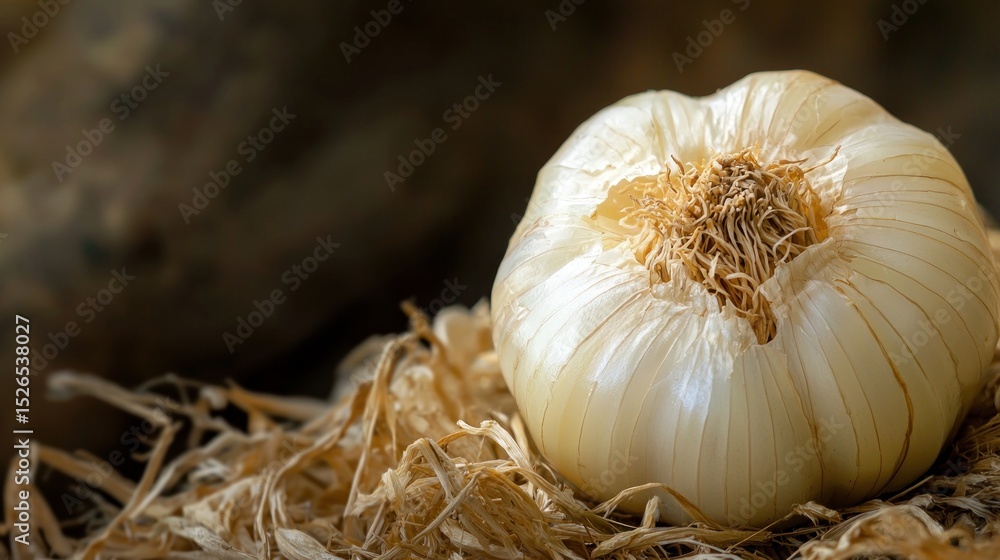 A single garlic bulb on a bed of straw against a rustic background. A single garlic bulb on a bed of straw against a rustic background.