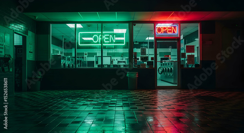 Illuminated Night Scene of an Urban Laundromat with Neon Signs