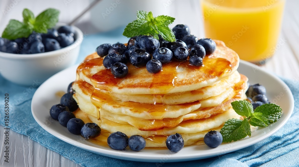 Fluffy pancake stack topped with fresh blueberries and honey on a cozy wooden table with orange juice in soft morning light Fluffy pancake stack topped with fresh blueberries and honey on a cozy wooden table with orange juice in soft morning light