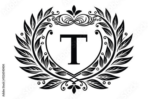 Elegant Monogram Design Flourishing Letter T with Laurel Wreath