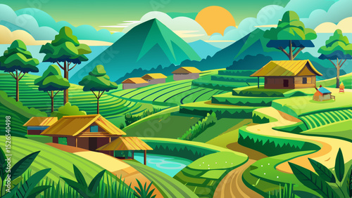 Green rice terraces with a traditional hut in countryside. Rural lifestyle, seasonal farming, and natural harmony in northern Thailand. Eco farming, peaceful nature, and traditional culture in 