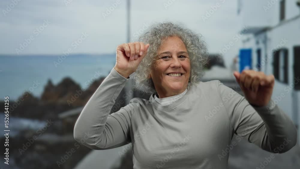 Elderly woman with grey hair joyfully dancing on a seaside promenade with a scenic ocean backdrop, capturing the essence of happiness and freedom in an outdoor setting. Elderly woman with grey hair joyfully dancing on a seaside promenade with a scenic ocean backdrop, capturing the essence of happiness and freedom in an outdoor setting.