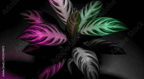 Calathea Ornata Leaf Display With Moody Lighting On Dark Backdrop