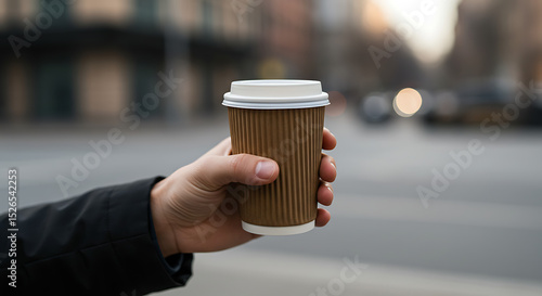Coffee To Go: A hand holds a takeaway coffee cup outdoors, blurry city street background.
