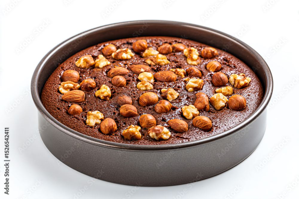 a cake in a pan with nuts on top a cake in a pan with nuts on top