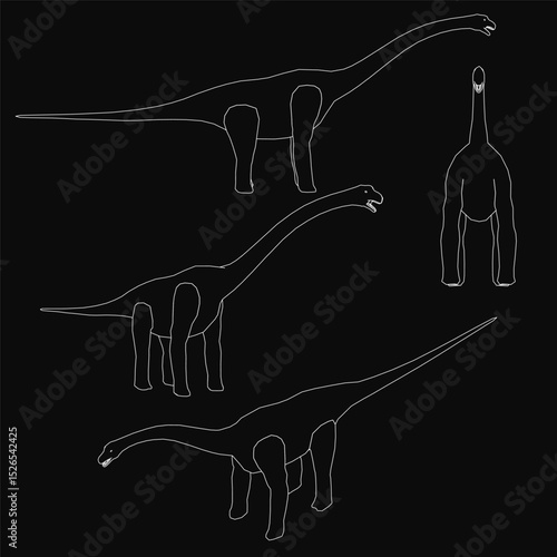 A series of drawings of a dinosaur with one of them showing the dinosaur's head. The drawings are in black and white and are of different sizes