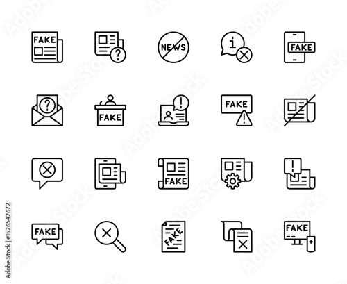 Fake News related vector linear icons set. Contains such icons as facts, propaganda, clickbait, rumors, internet hoax and more.