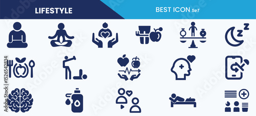Collection of the best icons of lifestyle. Diet, exercise, brain, rules, sleep, relationships and vector illustrations.