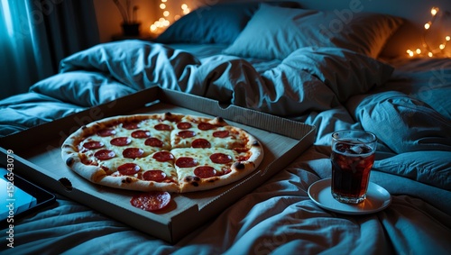cozy, dimly lit bedroom at night with soft fairy lights casting a warm glow. A pepperoni pizza rests temptingly on an open box atop a crumpled, comfy duvet. pizza is perfectly baked bubbling cheese