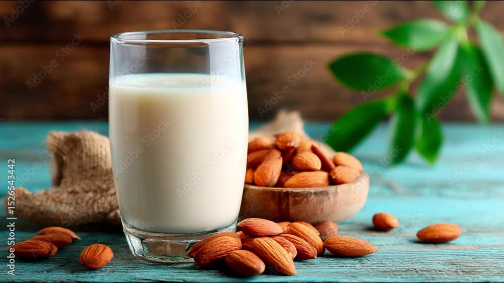 A glass of refreshing almond milk with a scattering of almonds and a bowl filled with almonds.